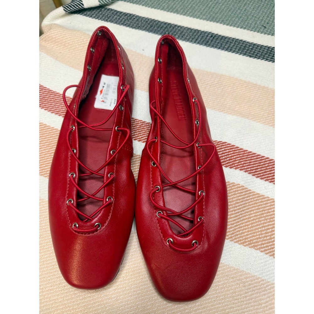 Steve Madden Pointe Flats Women 6.5 Red Leather Lace Up Square Toe Ghillie - Picture 2 of 9